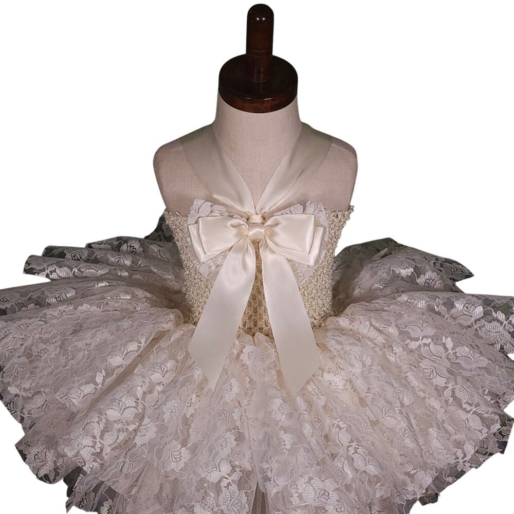Handmade Ivory Lace Tutu Dress 2T–3T w/ Satin Bows + Headband – Boutique Quality
